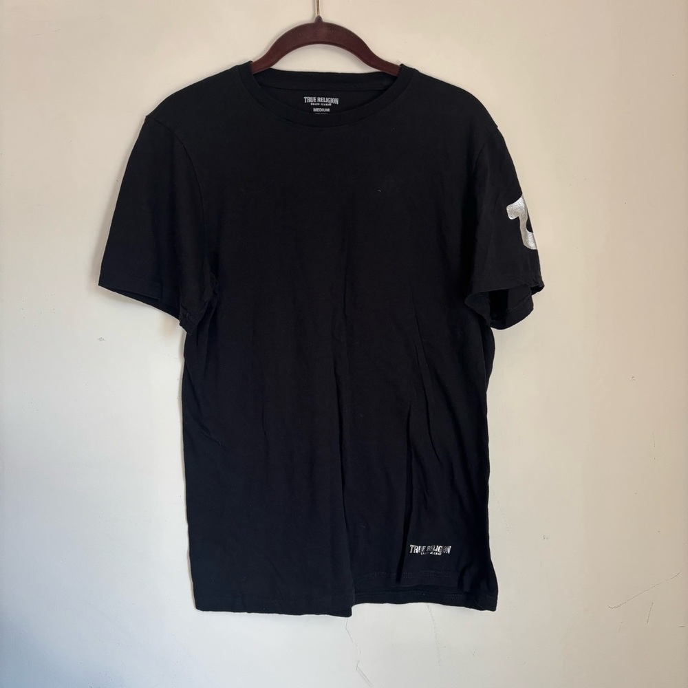 True Religion Brand Jeans Unisex Silver Horseshoe Logo Black Tshirt